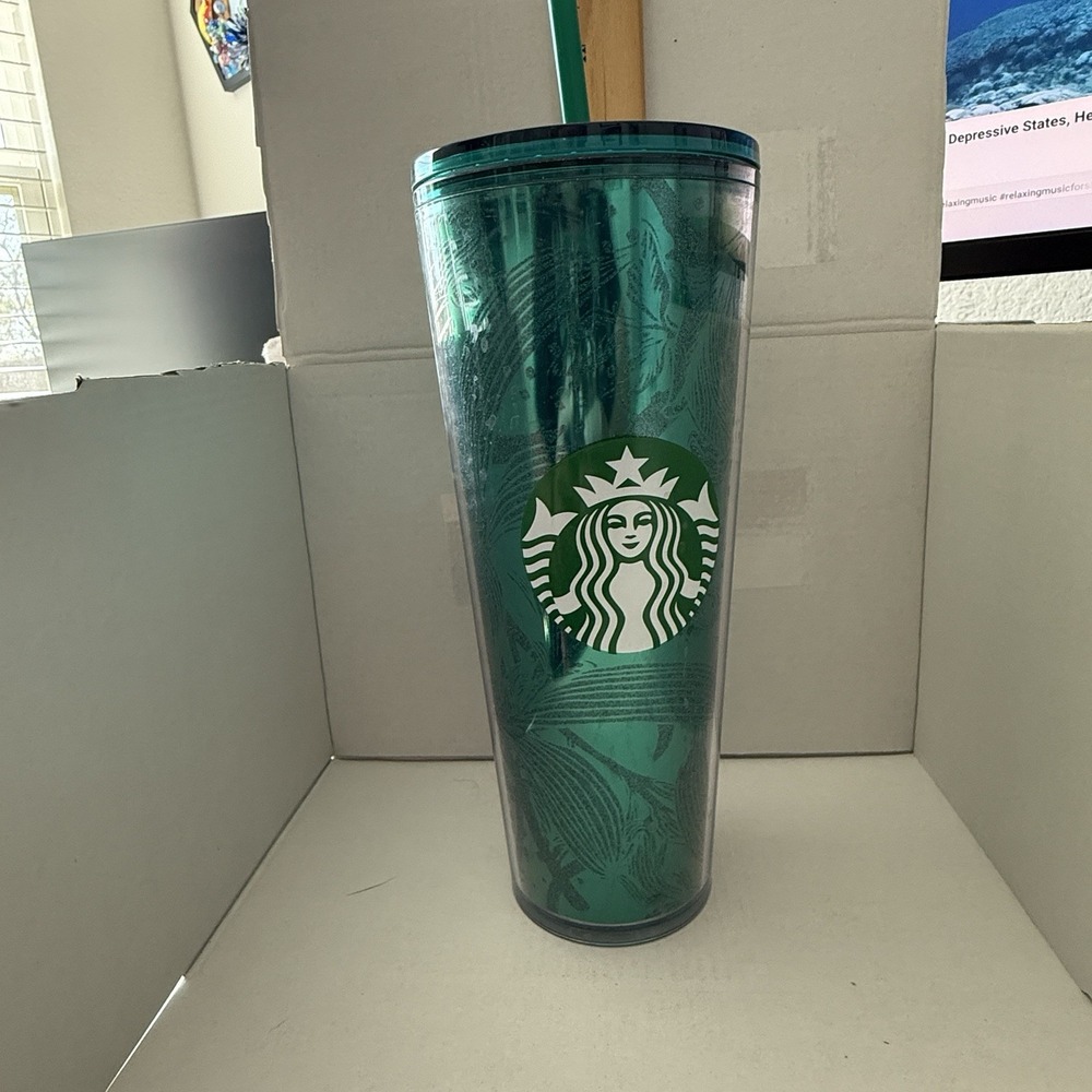 Starbucks Fall 2021 Emerald Green‎ Glitter Floral 24 Oz Tumbler Cold Cup